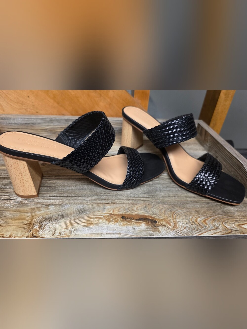 Cushionaire Woven Double Band Block Heel Slide Sandals Black Size 11